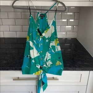 Bebe Green and White Floral Button-Down Tank Sz S gold buttons EUC
